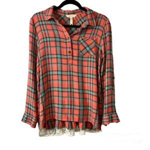 Matilda Jane Noble Flannel Long Sleeve Lace Coral And Teal Button Up Size Medium